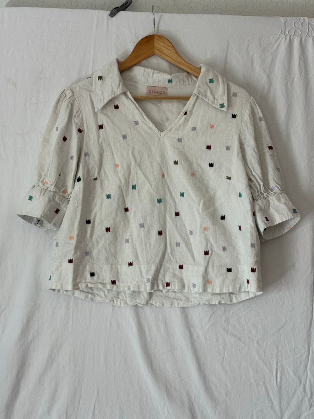 Ciebon Embroidered Popover Top Cotton/Flax Puff Sleeves Size M
